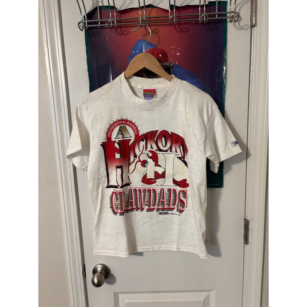 Vintage 1993 Hickory Crawdads Trench Kids T-Shirt White Speckle Single Stitch L